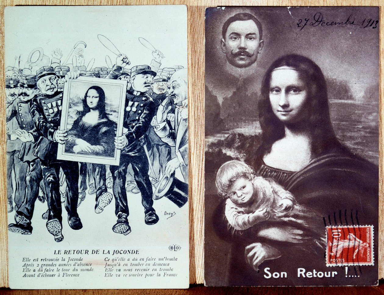 Pocztówka z okazji powrotu Leonarda de Vinci „Mona Lisa, Monna Lisa” (1452-1519) po locie Vincenzo Peruggii (1881-1925) w 1911 roku. 27.12.1913 autorstwa Anonymous Anonymous