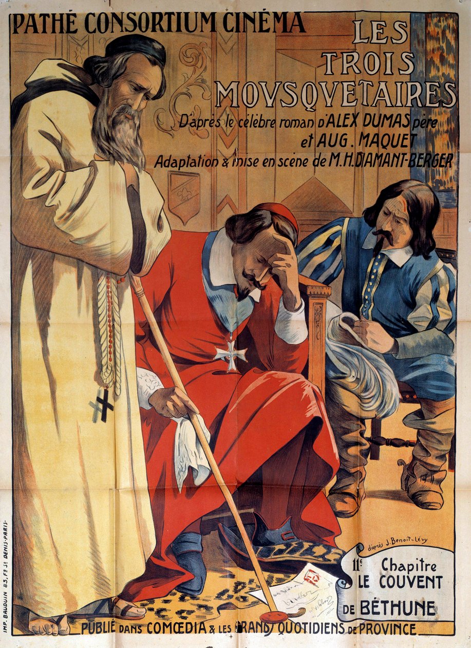 Plakat sztuki „Zakon w Bethune” zaadaptowany z rozdziału „Trzech muszkieterów” Alexandre Dumas 1920 w kinie Pathe Consortium, kolekcja prywatna - Plakat sztuki w kinie Pathe Constrtium „” Klasztor w Bethune” ” dostosowany fr autorstwa Anonymous Anonymous