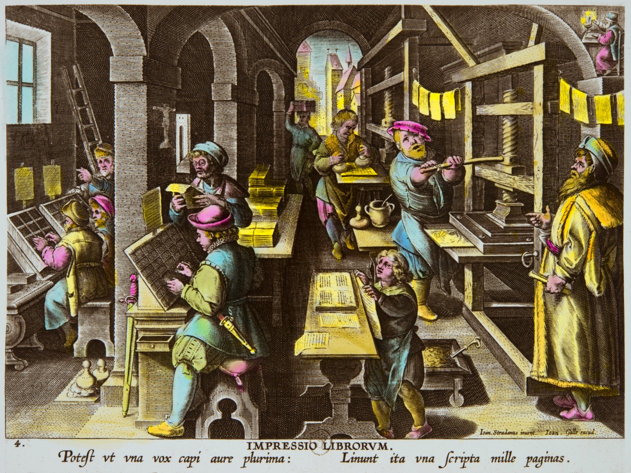 Drukarki i druk typograficzny z prasą ramieniową około 1600 roku autorstwa Jana Van Der Straeta (Giovanni Stradano lub Johannes Stradanus) (1523-1605), kolekcja Privee autorstwa Anonymous Anonymous