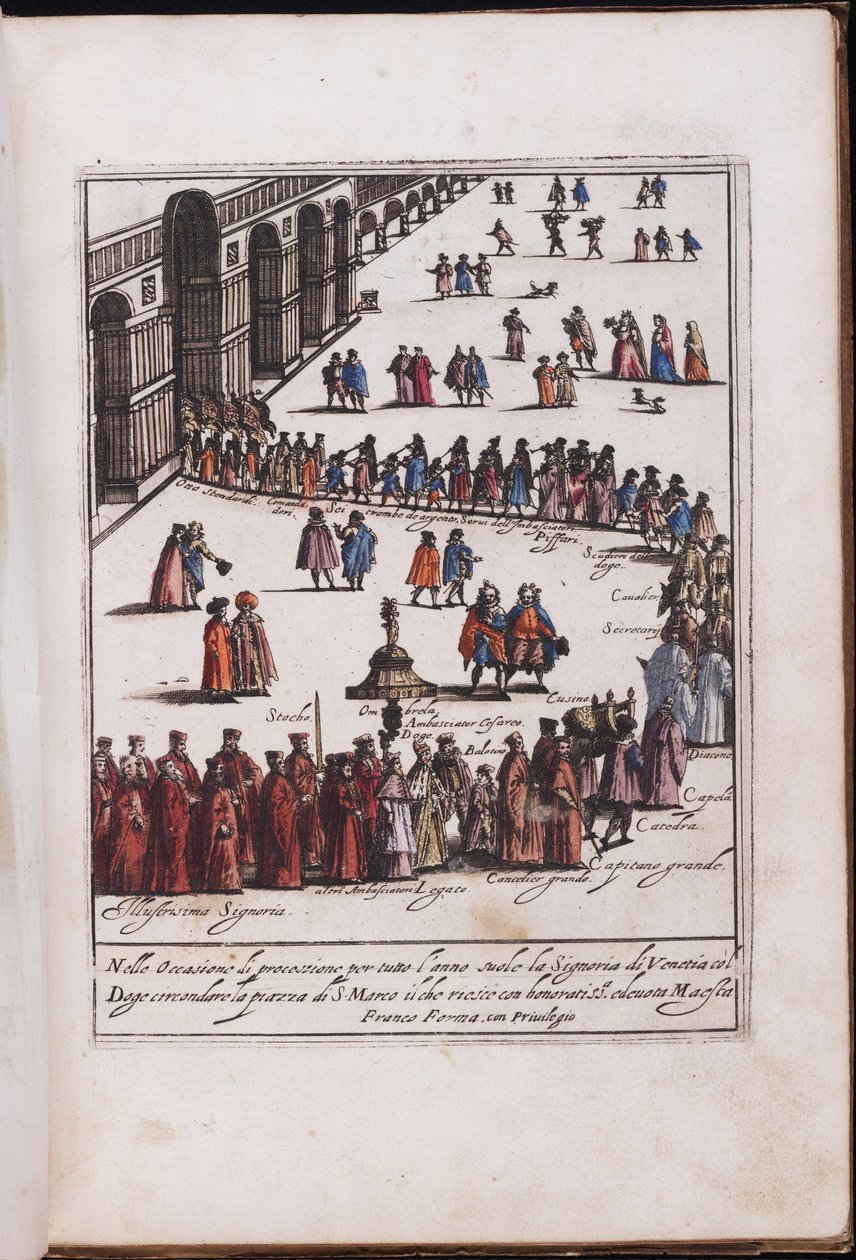 Procession du doge et de son entourage sur la place Saint Marc, Venise - Procesja z Dożami i jego świtą na Piazza San Marco w Wenecji, Anonim. Grawerowanie miedzi, akwarela autorstwa Anonymous Anonymous