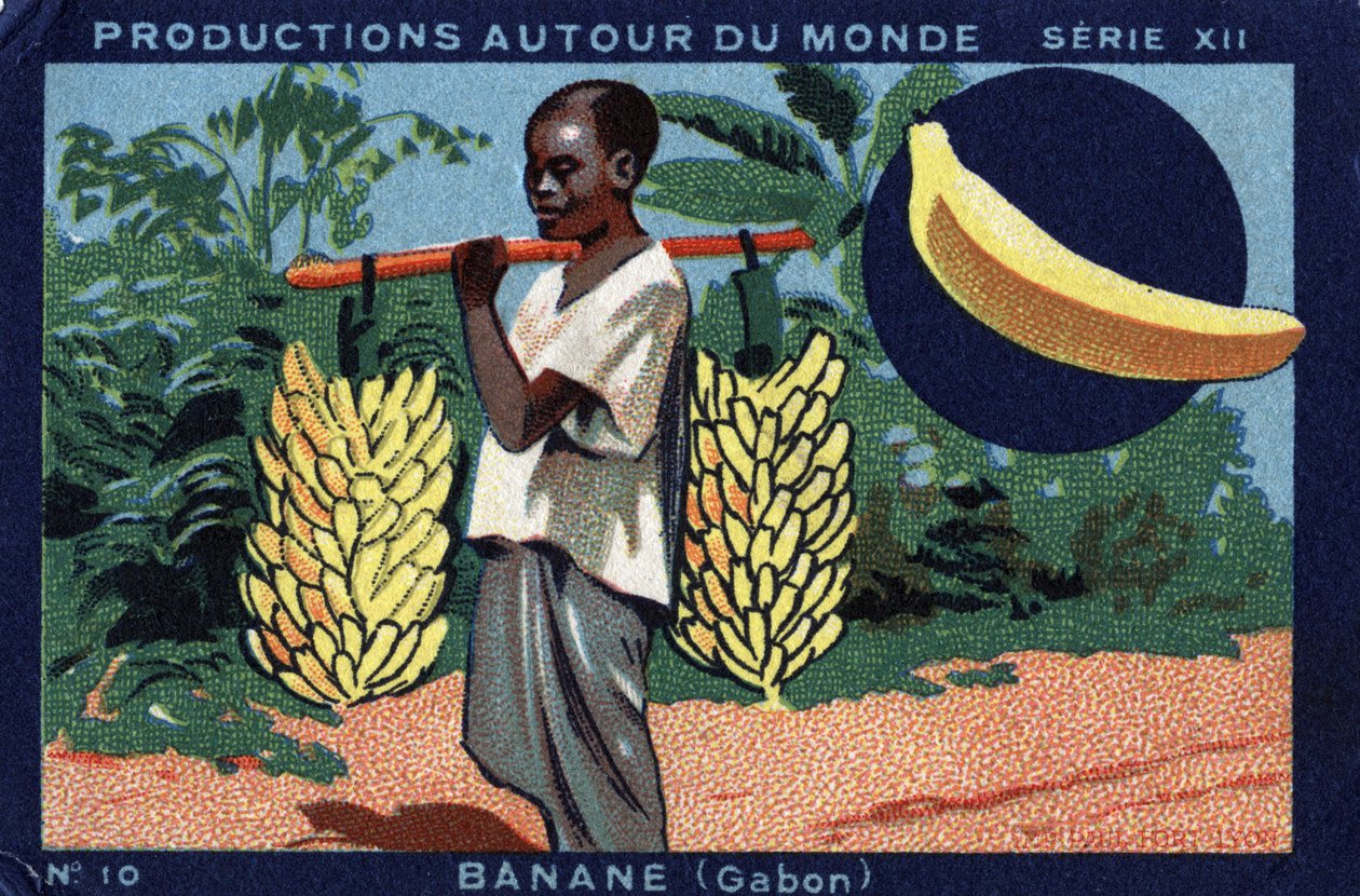 Produkcje na całym świecie: Banan w Gabonie. Chromolitografia z 1933 roku w „Albumie Josepha-Milliata”” autorstwa Anonymous Anonymous