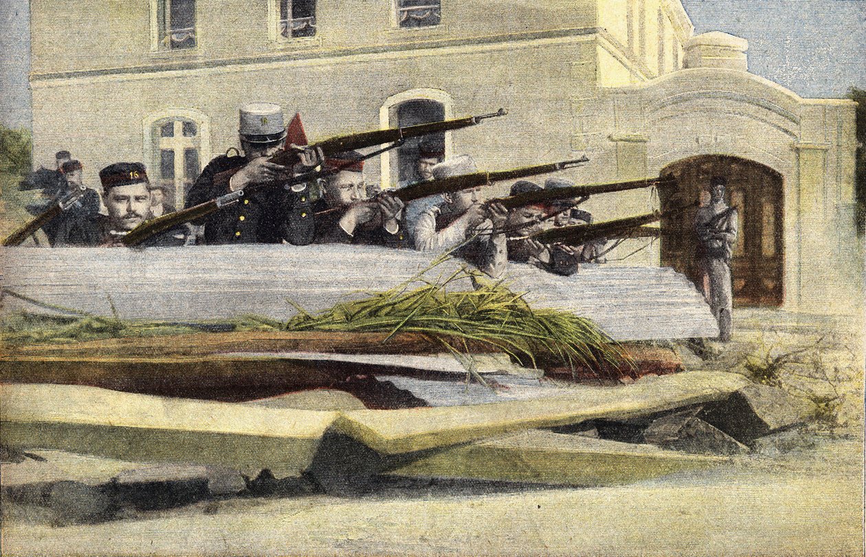 Rewolucja portugalska: barykada na ulicy w Lizbonie. Rytownictwo. Jedna z gazet „Le petit parisien”” z dnia 23.10.1910. Prywatna kolekcja. autorstwa Anonymous Anonymous