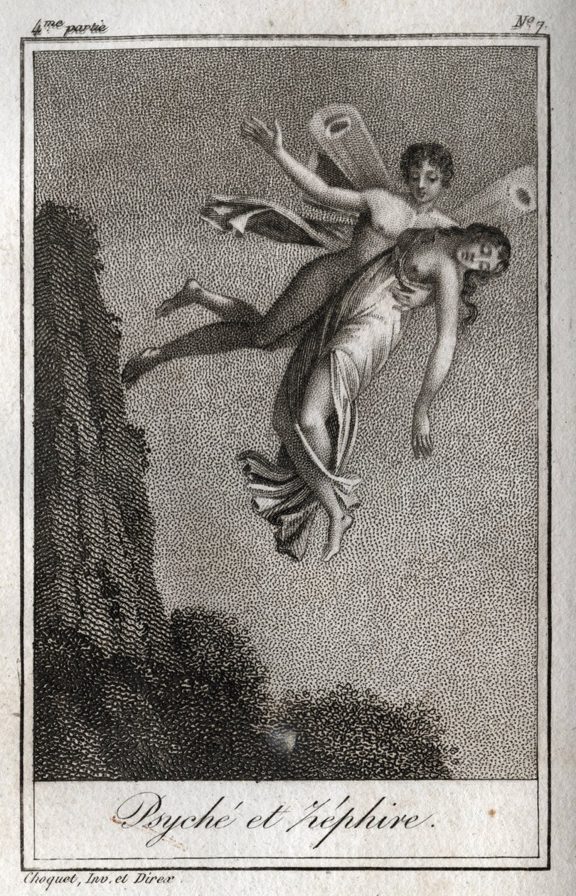 Psyche porwana przez Zephyra. Rycina z 1819 r. w „Lettres a Emilie sur la mitologie” Charlesa Alberta Demoustiera (1760-1801). Prywatna kolekcja. autorstwa Anonymous Anonymous