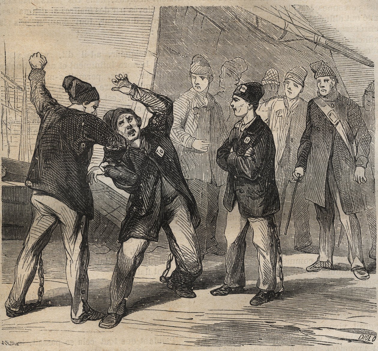 Scena Pugilat w Toulon Bagne w XIX wieku. Grawer „Historia skazanych od ich powstania do dnia dzisiejszego” (1877) autorstwa Pierre