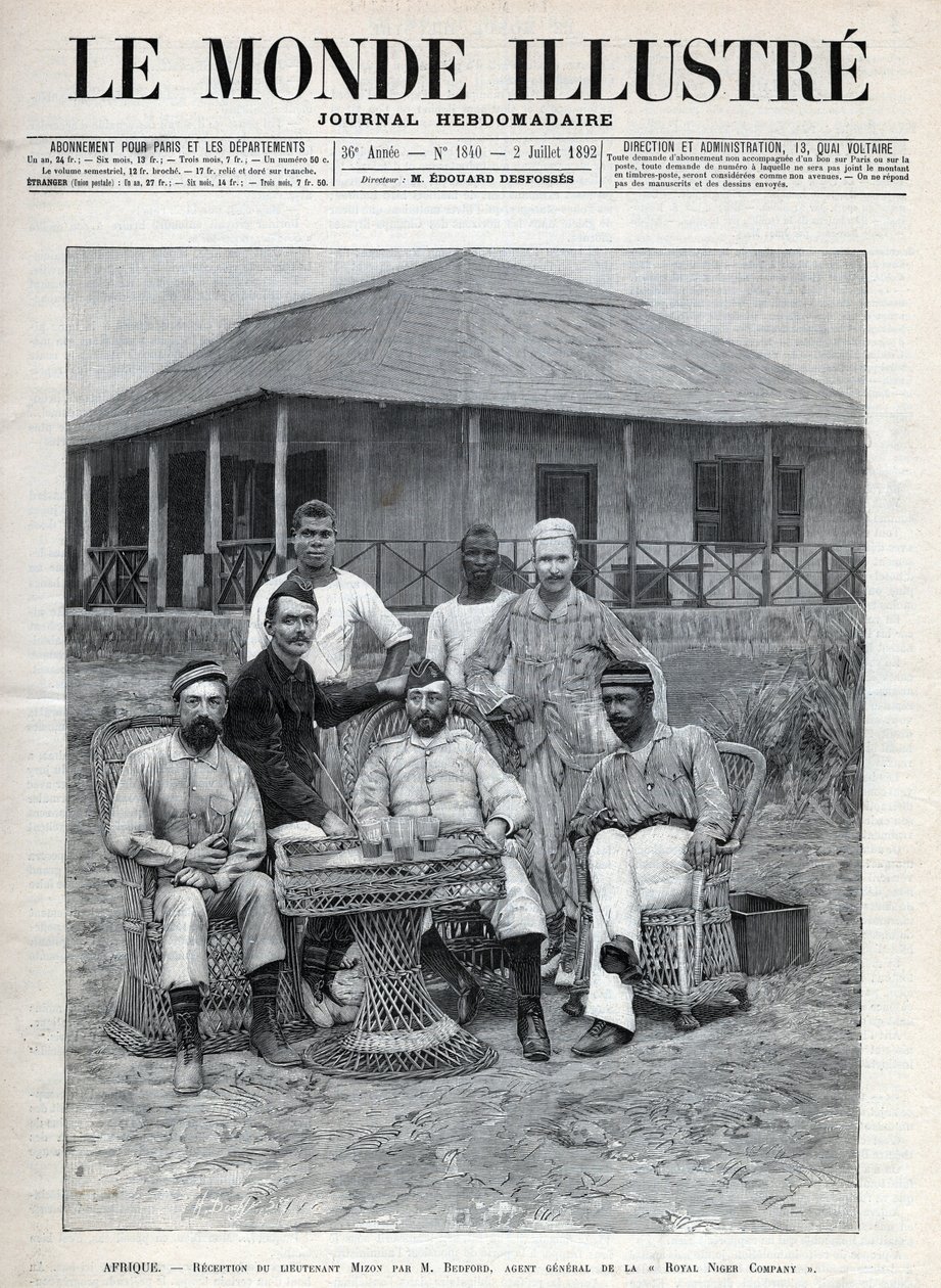Przyjęcie porucznika Mizona przez Fredericka Bedforda (1838-1913), generalnego agenta Royal Niger Company. Francuski odkrywca Louis Alexandre Antoine Mizon (1853-1899) podczas swojej podróży do Afryki Zachodniej. Gazeta. Grawer w „Le monde illustree” z 189 autorstwa Anonymous Anonymous