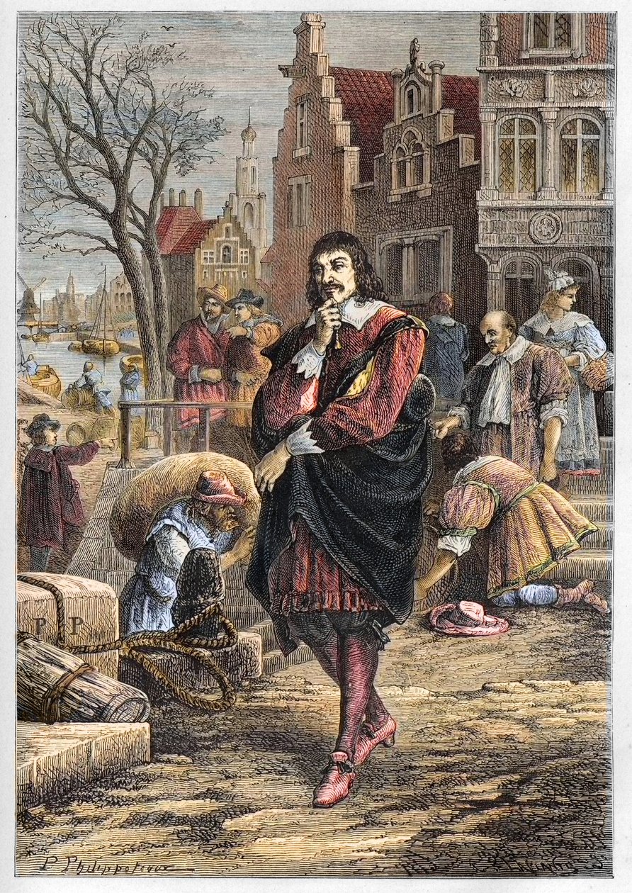 Rene Descartes (1596-1650), francuski filozof i matematyk spacerujący ulicami Amsterdamu - Kartezjusz w Amsterdamie - grawer z „” L’histoire de France tellee à mes grandsenfants” – Francois Guizot - 1872-1876 autorstwa Anonymous Anonymous