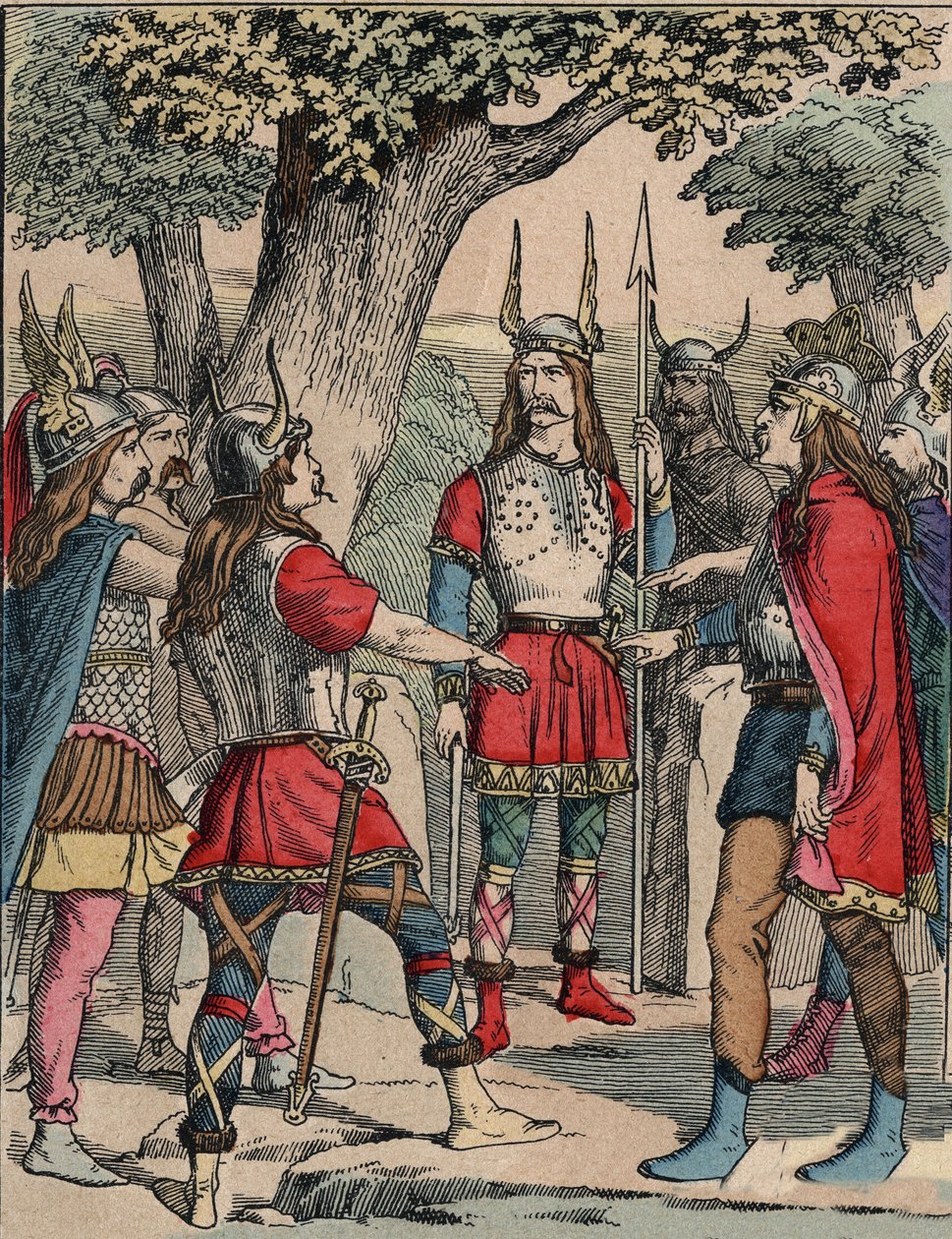 Reprezentacja Wercyngetoryksa (ok. 80-c. 46 pne) wojownika i galijskiego przywódcy plemienia Arwernów wybranego przez swój lud do prowadzenia wojny z Rzymianami” (Portret Wercyngetoryksa (82 pne-46 pne) wodza plemienia Arwernów, wybrany przez jego lud do p autorstwa Anonymous Anonymous