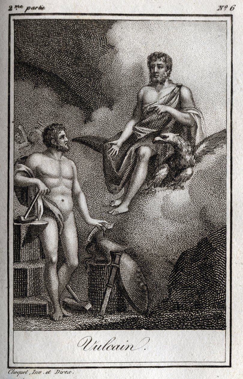 Reprezentacja Wulkana, boga ognia, kuźni i wulkanów. (Wulkan, bóg ognia i wulkanów). Rycina z 1819 r. w „Lettres a Emilie sur la mitologie” Charlesa Alberta Demoustiera (1760-1801). Prywatna kolekcja. autorstwa Anonymous Anonymous