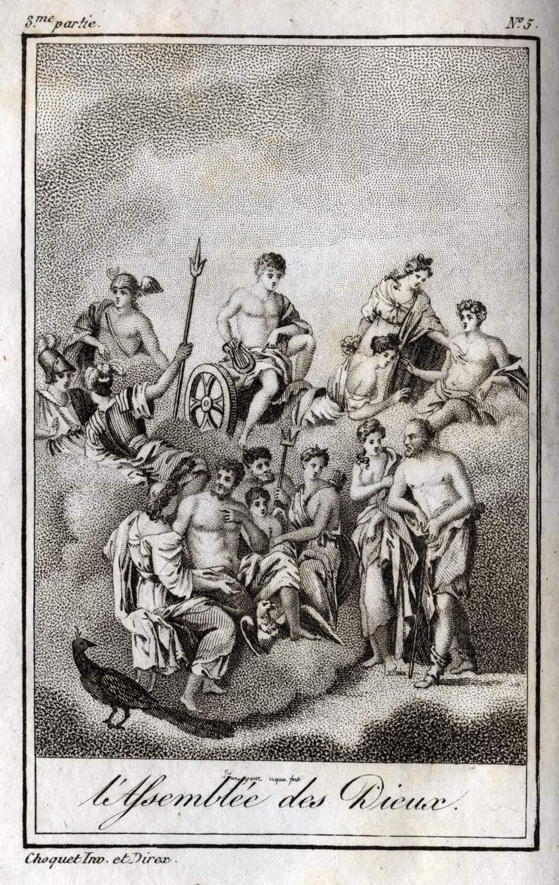 Reprezentacja Zgromadzenia Bogów na górze Olimp lub Dwunastu Olimpijczyków. Rycina z 1819 r. w „Lettres a Emilie sur la mitologie” Charlesa Alberta Demoustiera (1760-1801). Prywatna kolekcja. autorstwa Anonymous Anonymous