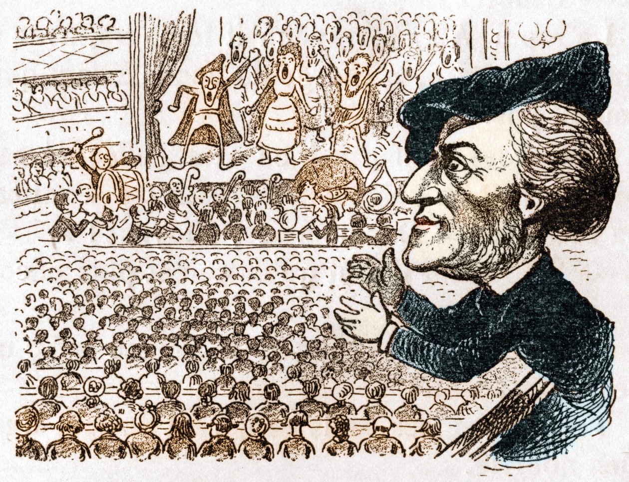 Richard Wagner zatrudnia setki śpiewaków, muzyków, miliony ludzi wynajmują miejsca i tylko on bije brawo. Karykatura niemieckiego kompozytora Richarda Wagnera (1813 - 1883) z Les moreurs et la caricature en allemand autorstwa J. Grand-Cartereta. Około 18 autorstwa Anonymous Anonymous