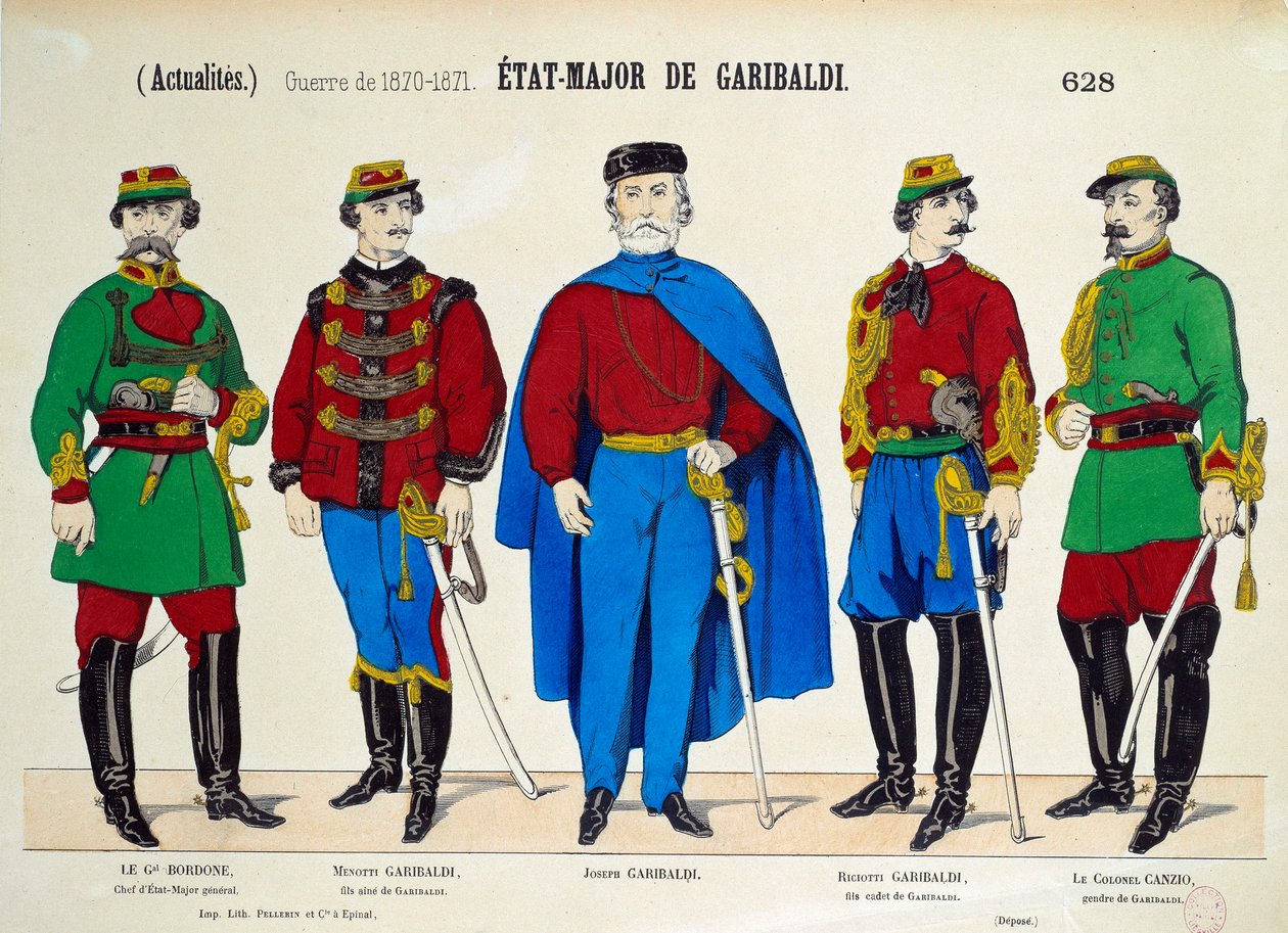 Risorgimento: Sztab Generalny Giuseppe Garibaldiego (1807-1882). Bohaterów włoskiej Unite reprezentują jego dwaj synowie Menotti i Riciotti, generał Bordone i pułkownik Canzio. Grawerowanie około 1870 r. Paryż, Musee Carnavalet autorstwa Anonymous Anonymous
