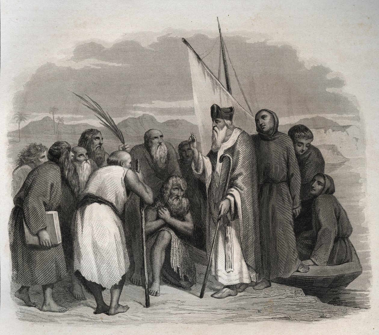 Święty Atanazy Aleksandryjski (Atanazy Wielki) (295-373) odwiedzający samotniki Egiptu. Rycina z 1846 r. w „Żywotach świętych”. Prywatna kolekcja. autorstwa Anonymous Anonymous