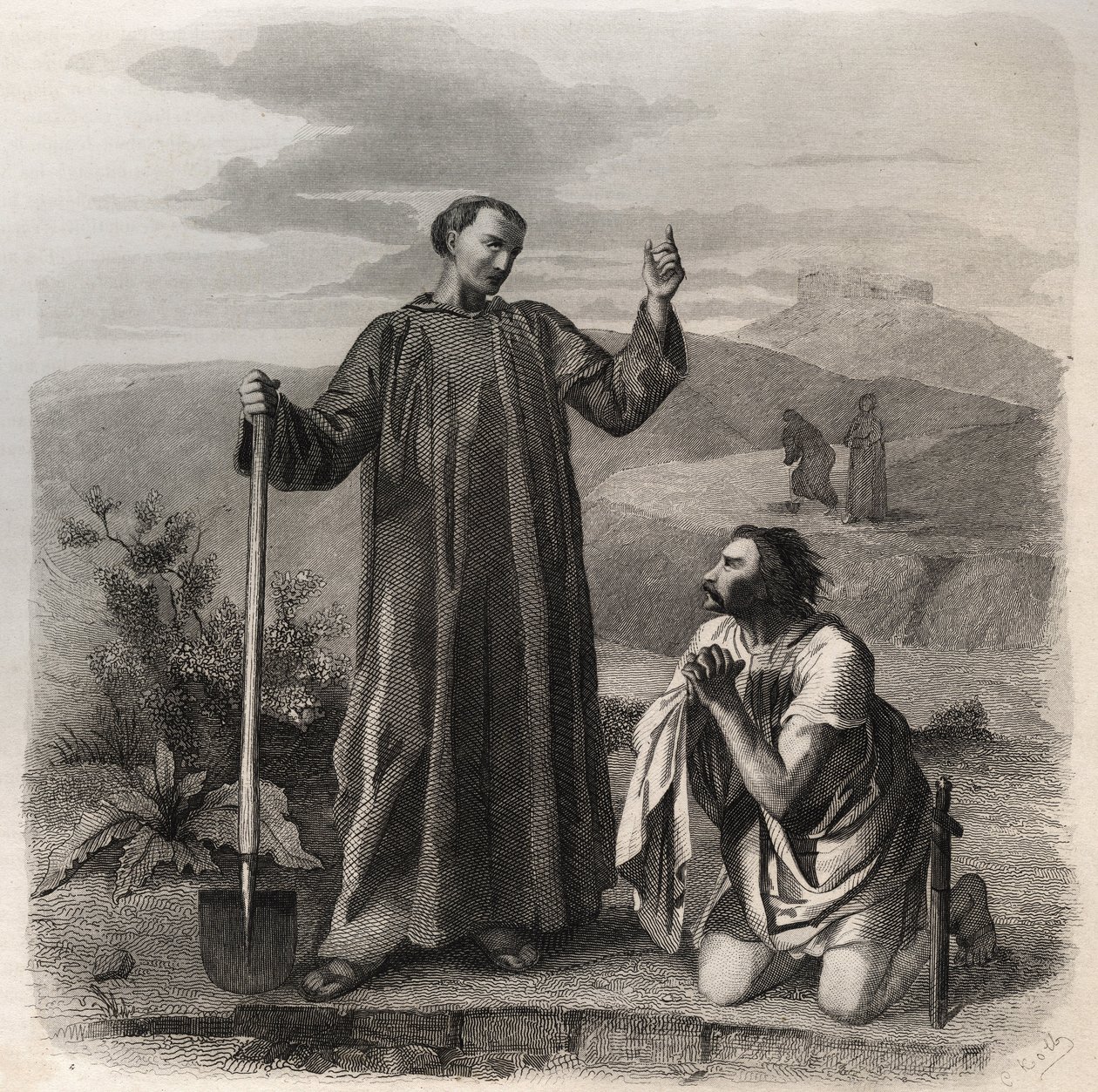 Św. Benedykt z Nursji witający króla Ostrogotów Totili (VI w.). Rycina z 1846 r. w „Żywotach świętych”. Prywatna kolekcja. autorstwa Anonymous Anonymous