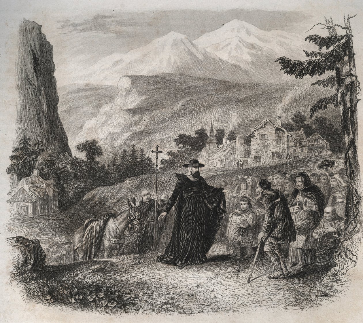 Saint Francois-de-Sales (Saint Francois de Sales) (1567-1622), wigilia Genewy podczas wizyty duszpasterskiej. Rycina z 1846 r. w „Żywotach świętych”. Prywatna kolekcja. autorstwa Anonymous Anonymous