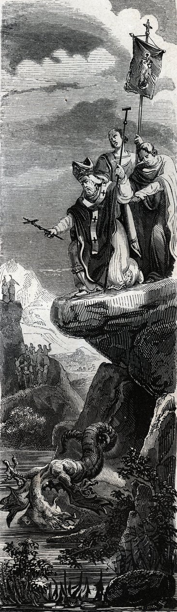 Święty Front (pierwszy ewangelizator Perigordu) (III w.) strącający smoka w Dordonii - Rycina z 1846 r. w „Żywotach świętych””. Prywatna kolekcja. autorstwa Anonymous Anonymous