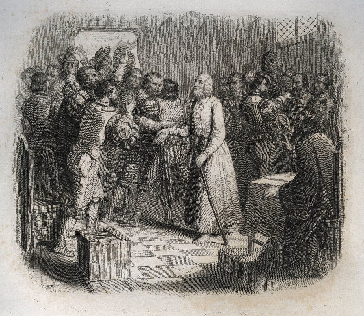 Święty Mikołaj (Mikołaj) z Flue lub brat Klaus (1417-1487), szwajcarski pustelnik godzący konfederatów szwajcarskich, którzy mieli rozpocząć wojnę domową. Rycina z 1846 r. w „Żywotach świętych”. Prywatna kolekcja. autorstwa Anonymous Anonymous