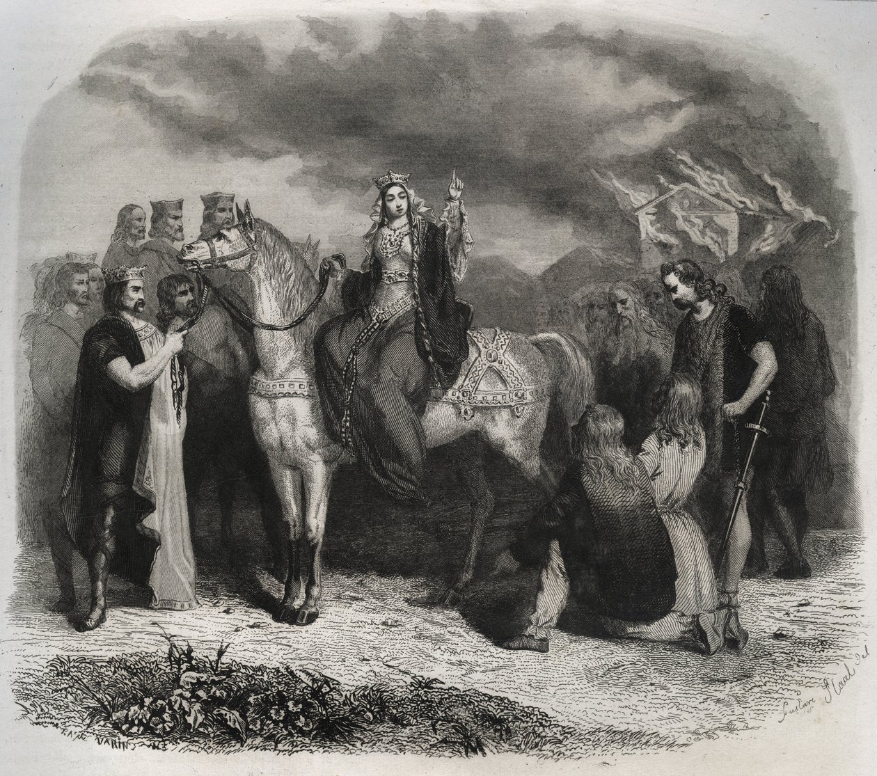 Św Radegonde (Radegonde de Poitiers, 519-587) spalił świątynię Paian i nawrócił Galów na religię chrześcijańską. Rycina z 1846 r. w „Żywotach świętych”. Prywatna kolekcja. autorstwa Anonymous Anonymous