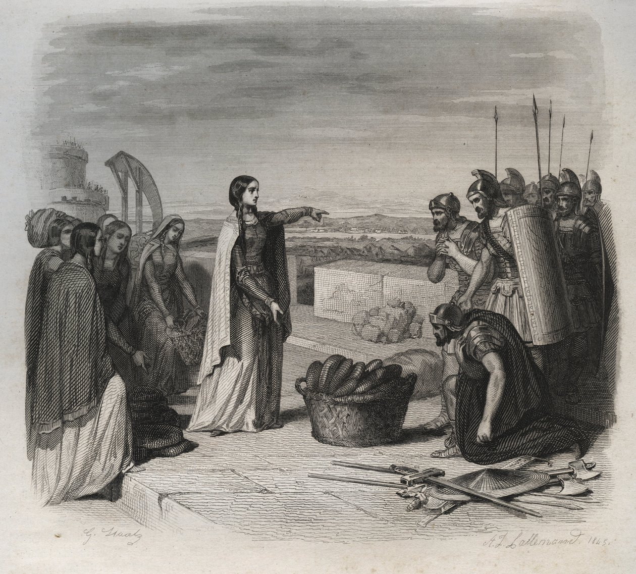 Sainte Genevieve rozdawała ludziom żywność podczas oblężenia Paryża przez armię Hunów z Attyli w 451 (najazdy barbarzyńców). Rycina z 1846 r. w „Żywotach świętych”. Prywatna kolekcja. autorstwa Anonymous Anonymous