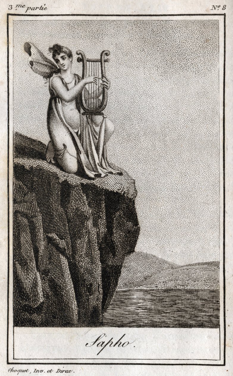 Sapho (lub Safona, VII wpne), grecki poeta starożytności. Rycina z 1819 r. w „Lettres a Emilie sur la mitologie” Charlesa Alberta Demoustiera (1760-1801). Prywatna kolekcja. autorstwa Anonymous Anonymous