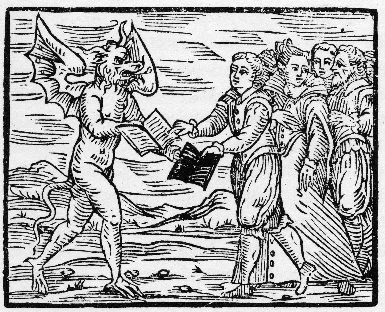 Szatan przedstawia wyznawcom czarną księgę w zamian za księgę Ewangelii - „Kompendium Maleficarum”, omawiające czarownice, ich nieszczęścia i wypadki autorstwa Francesco Marii Guazzo lub Guaccio lub Guaccius (15??-16??) 1608 Kolekcja prywatna autorstwa Anonymous Anonymous