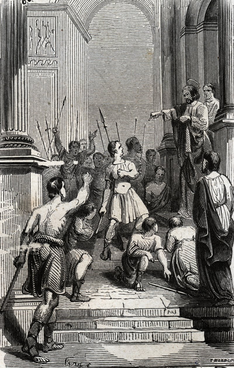 Saturnin z Tuluzy (Święty Sernin, pierwsza chrześcijańska epoka Tuluzy) (III w.) zatrzymał się w stolicy Tuluzy - Rycina z 1846 r. w „Życiu świętych””. Prywatna kolekcja. autorstwa Anonymous Anonymous