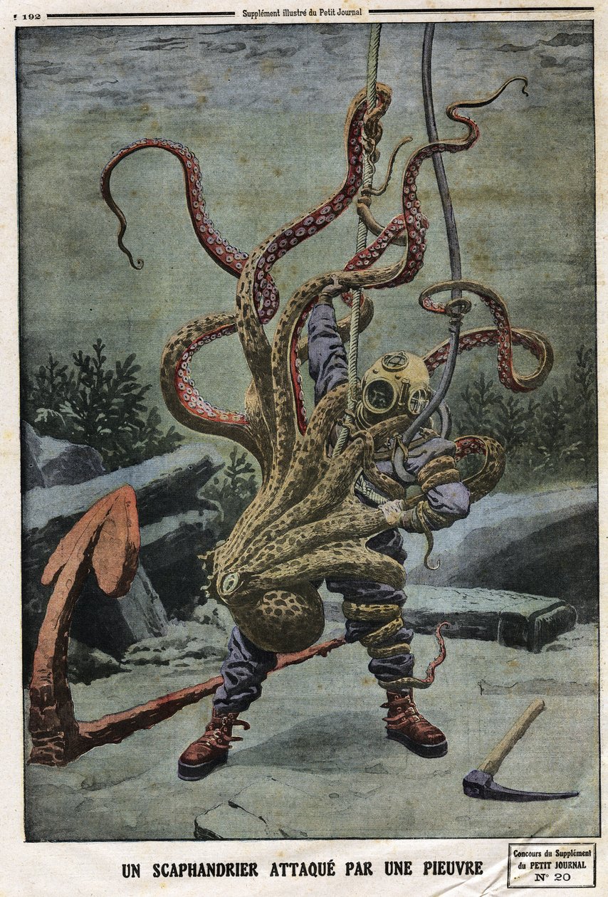 Scaphandler zaatakowany przez ośmiornicę. Grawerowanie w „Le petit Journal”, 16.06.1912 r. Prywatna kolekcja. autorstwa Anonymous Anonymous