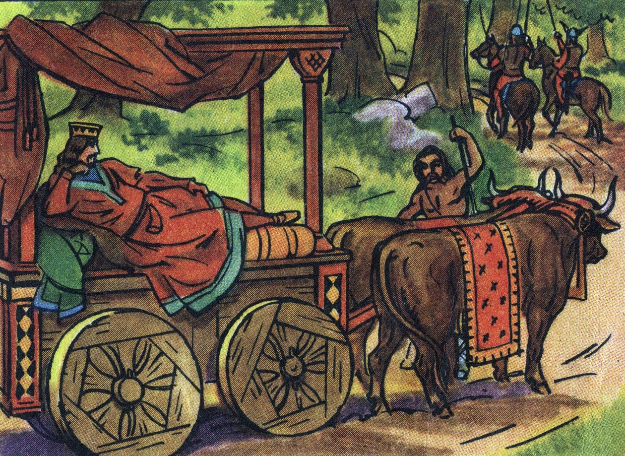 Scena ukazująca leniwych królów: Króla Francji Thierry III (673-691) niesie w czołgu z łożem ciągniętym przez woły. Anonimowa ilustracja w „” Collection des souverains et chefs d