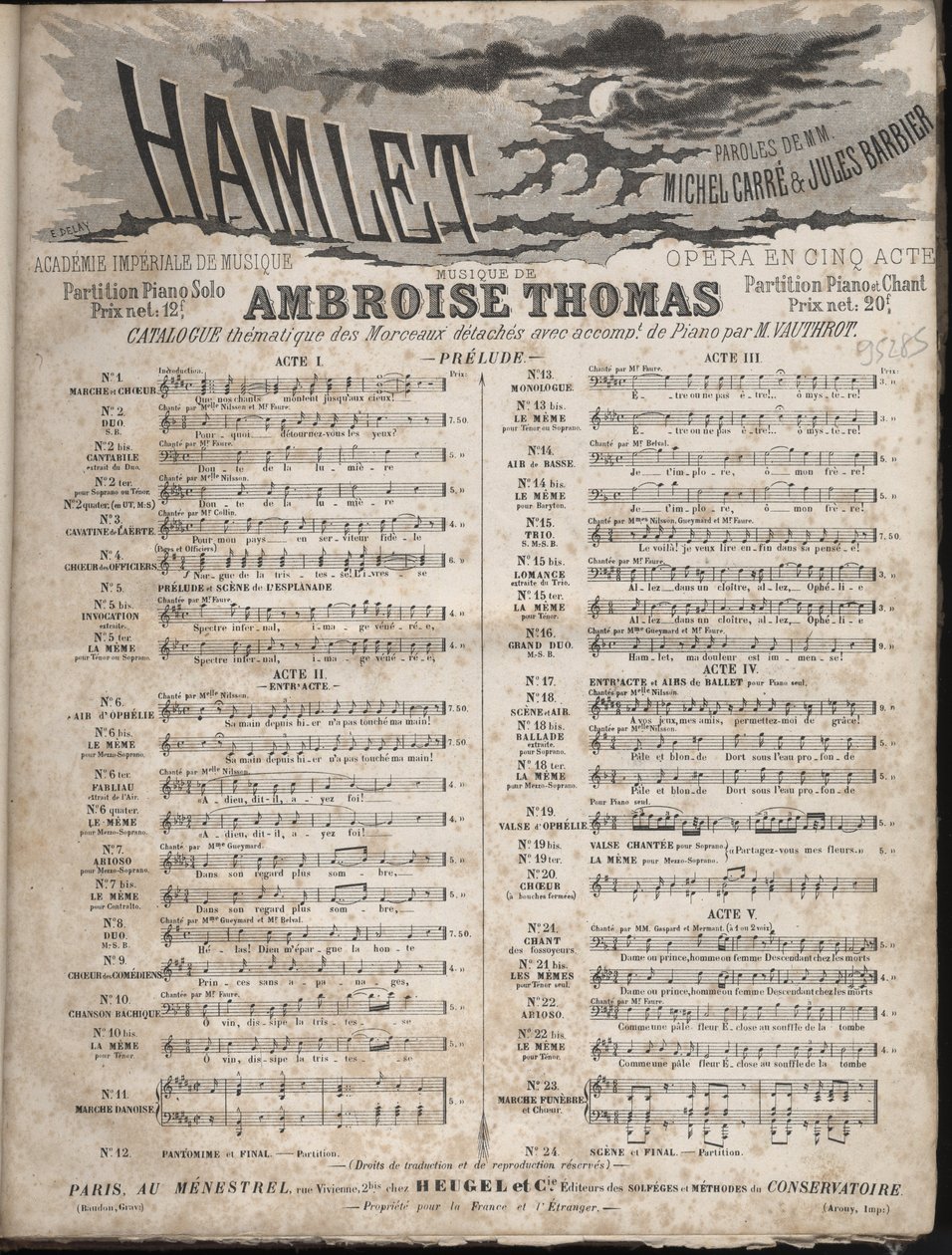 Partytura „”HAMLET”” Opery Ambroise Thomasa w pięciu aktach na libretto autorstwa Julesa Barbiera i Michela CarreCollection prywatnie. autorstwa Anonymous Anonymous