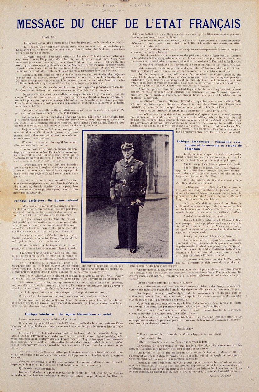 II wojna światowa i reżim Vichy: wiadomość od francuskiego głowy państwa Philippe