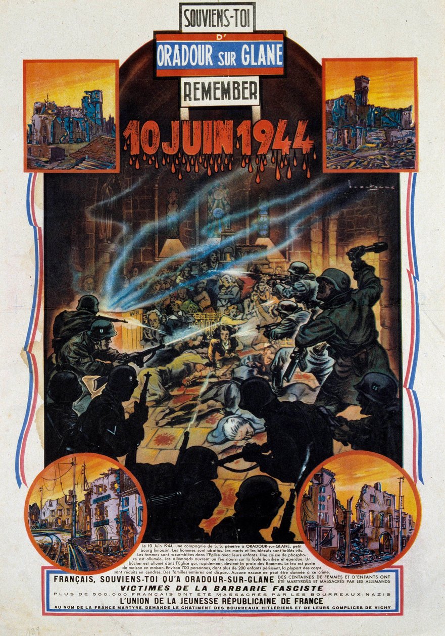 II wojna światowa: plakat upamiętniający masakrę Oradour-sur-Glane (Oradour sur Glane) w Górnym Wiedniu w dniu 10.06.1944. Wieś ta została zniszczona po schwytaniu przez opornych dwóch niemieckich oficerów. 1944 Paryż, Muzeum II Wojen Światowych autorstwa Anonymous Anonymous
