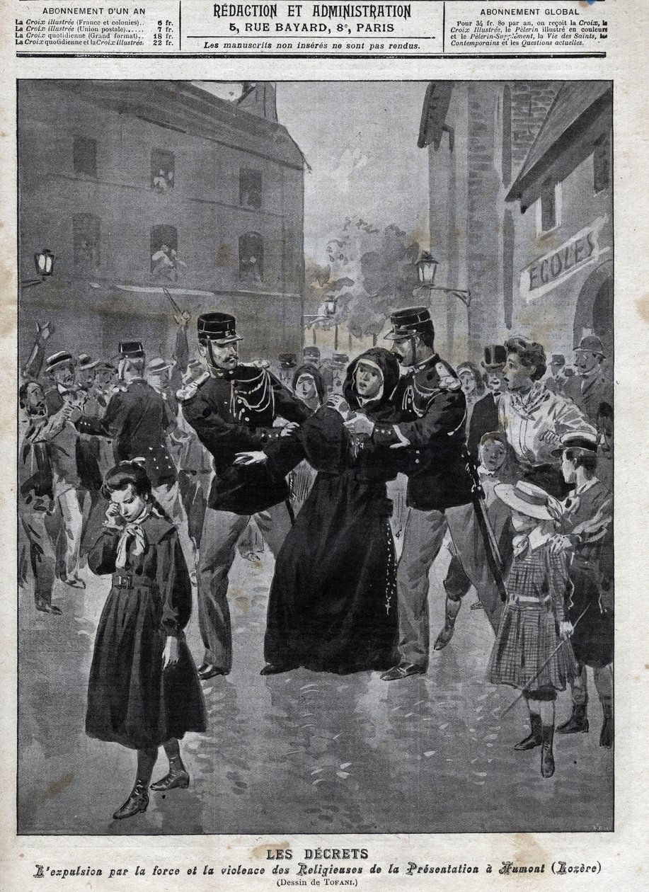 Oddzielenie od kościoła i państwa - Wydalenie zakonnic ze szkół przez organy ścigania w Humont (Lozere) - okładka „la-croix illustree” z 1902 r. - autorstwa Anonymous Anonymous