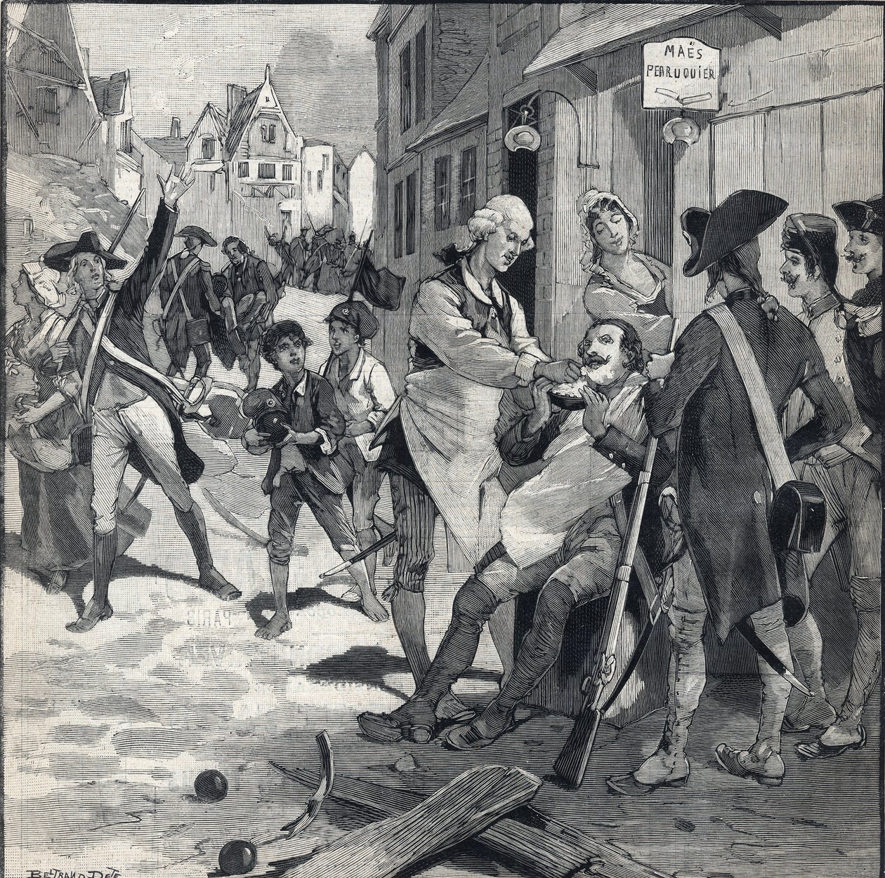Oblężenie Lille w 1792 r.: Peruka Maes używająca roztrzaskanej bomby jako miski do brody, aby ogolić klienta. Grawer w „Le petit parisien”” z dnia 16.10.1892. Prywatna kolekcja autorstwa Anonymous Anonymous