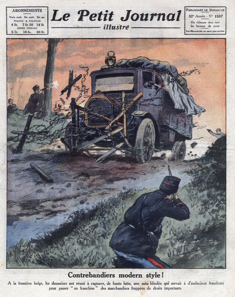 Przemytnicy na pokładzie samochodu pancernego załadowanego paczkami tytoniu przekroczyli belgijską granicę siłą i zostali zneutralizowani przez celników. Ilustracja zaczerpnięta z „Le petit journal illustrious”” z 22.05.1921. Prywatna kolekcja autorstwa Anonymous Anonymous