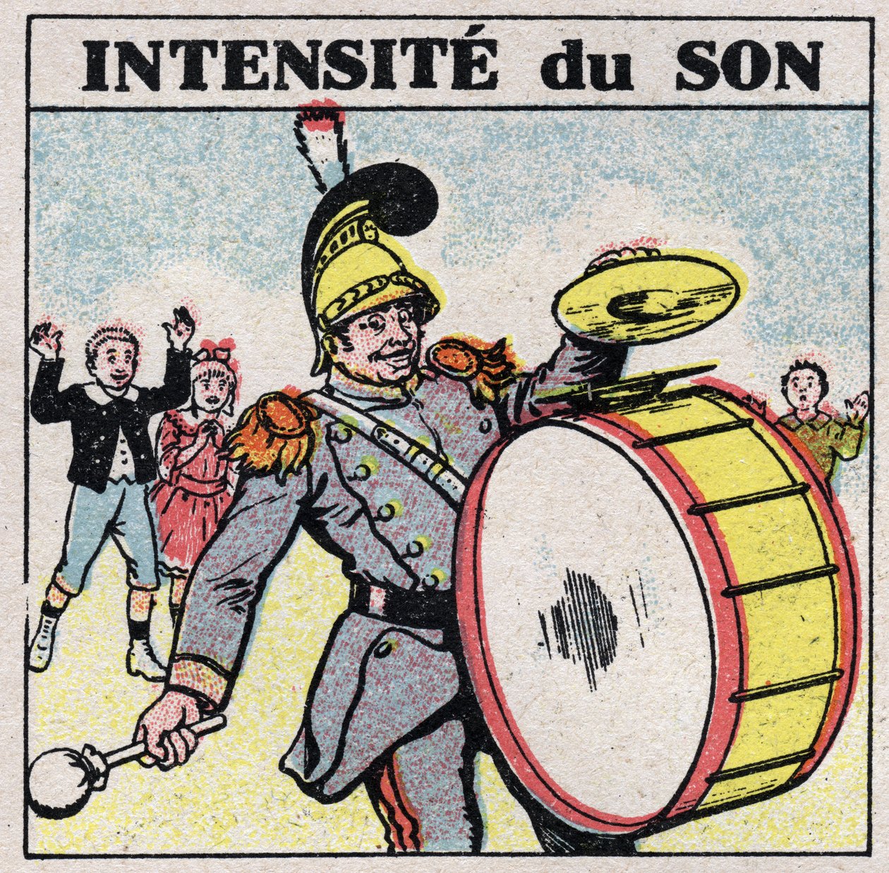 Energia dźwięku: intensywny dźwięk. Bęben basowy orkiestry wojskowej. Anonimowa ilustracja z 1925 r. Ze zbiorów prywatnych. autorstwa Anonymous Anonymous