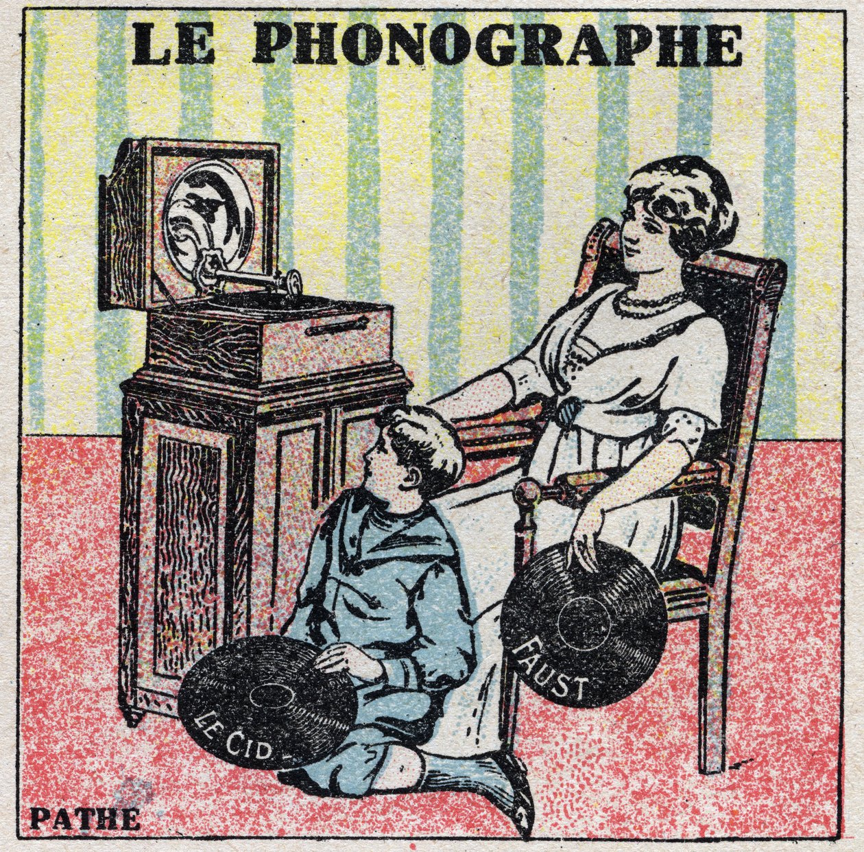 Energia dźwięku: fonograf. Matka i jej syn słuchają płyty z gramofonu Pathe. Anonimowa ilustracja z 1925 r. Ze zbiorów prywatnych. autorstwa Anonymous Anonymous