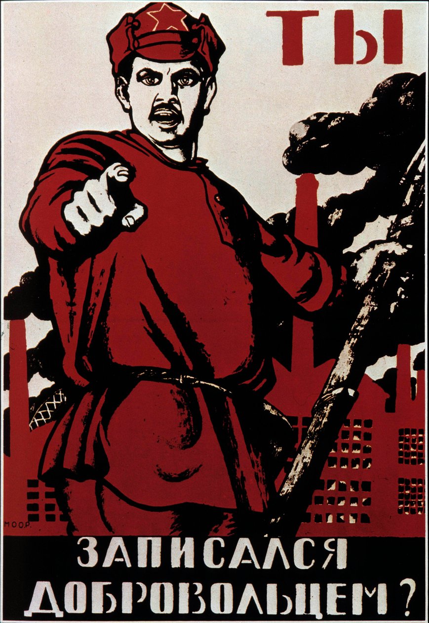 Radziecki plakat propagandowy rewolucyjny apelujący do Rosjan przeciwko generałom Białej Ręki, skupiający przeciwników komunistów po rewolucji bolszewickiej z 1917 r. autorstwa Anonymous Anonymous