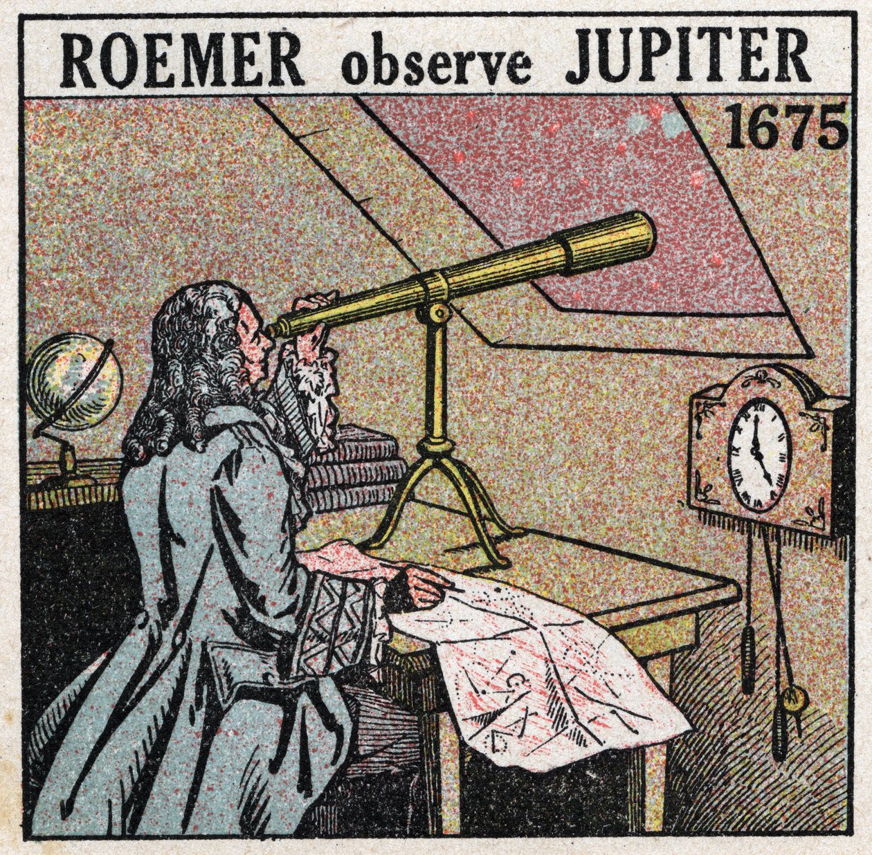 Prędkość światła: duński astronom Ole Christensen Romer (Olaus Roemer) (1644-1710) obserwuje zaćmienia satelitów Jowisza w latach 1675-1676 i wykorzystuje je do pomiaru prędkości światła. Anonimowa ilustracja z 1925 r. Ze zbiorów prywatnych. autorstwa Anonymous Anonymous