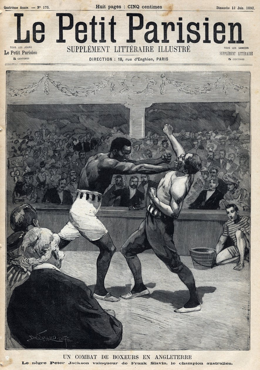 Sport, boks: Walka bokserska w Anglii pomiędzy Peterem Jacksonem a mistrzem Australii Frankiem Slavinem. Rytownictwo. Jedna z gazet „Le petit parisien”” z dnia 12.06.1892 r. Prywatna kolekcja autorstwa Anonymous Anonymous