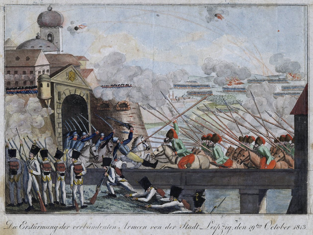 Szturm na Lipsk przez wojska alianckie - bataille de Leipzig ou bataille des nations (16-19 października 1813) - Anonimowy - 1813 - Akwaforta, akwarela - 33,3x27 - Kolekcja prywatna autorstwa Anonymous Anonymous