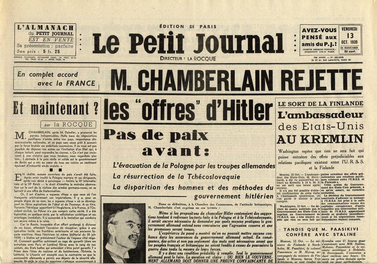 DZIENNIK SMITTLE PIĄTEK 13 PAŹDZIERNIKA 1939 Neville CHAMBERLAIN (1869-1940) ODRZUCENIE ofert Adolfa Hitlera autorstwa Anonymous Anonymous