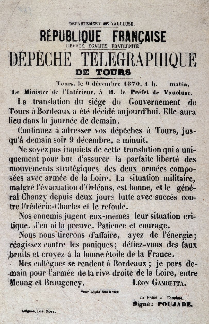 Wiadomości telegraficzne z Tours z 9.12.1870 autorstwa Léona Gambetty. autorstwa Anonymous Anonymous