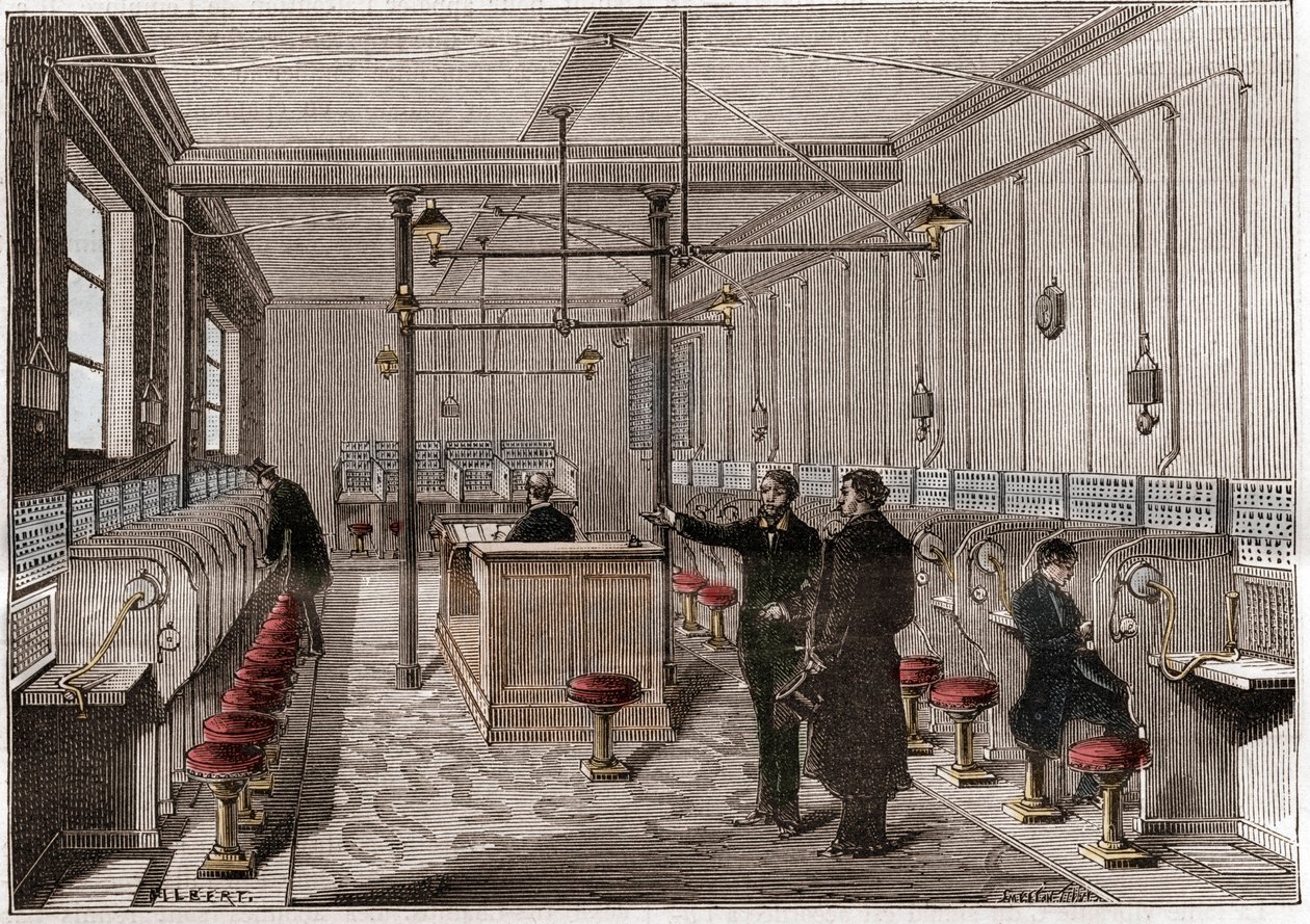 Centrala telefoniczna zbudowana według systemu telekomunikacji Edison Gower-Bell - pierwszy centralny telefon w Paryżu w 1879 r. - system Amerykanina Fredericka Gowera - grawer w „La nature” z 1880 r. autorstwa Anonymous Anonymous