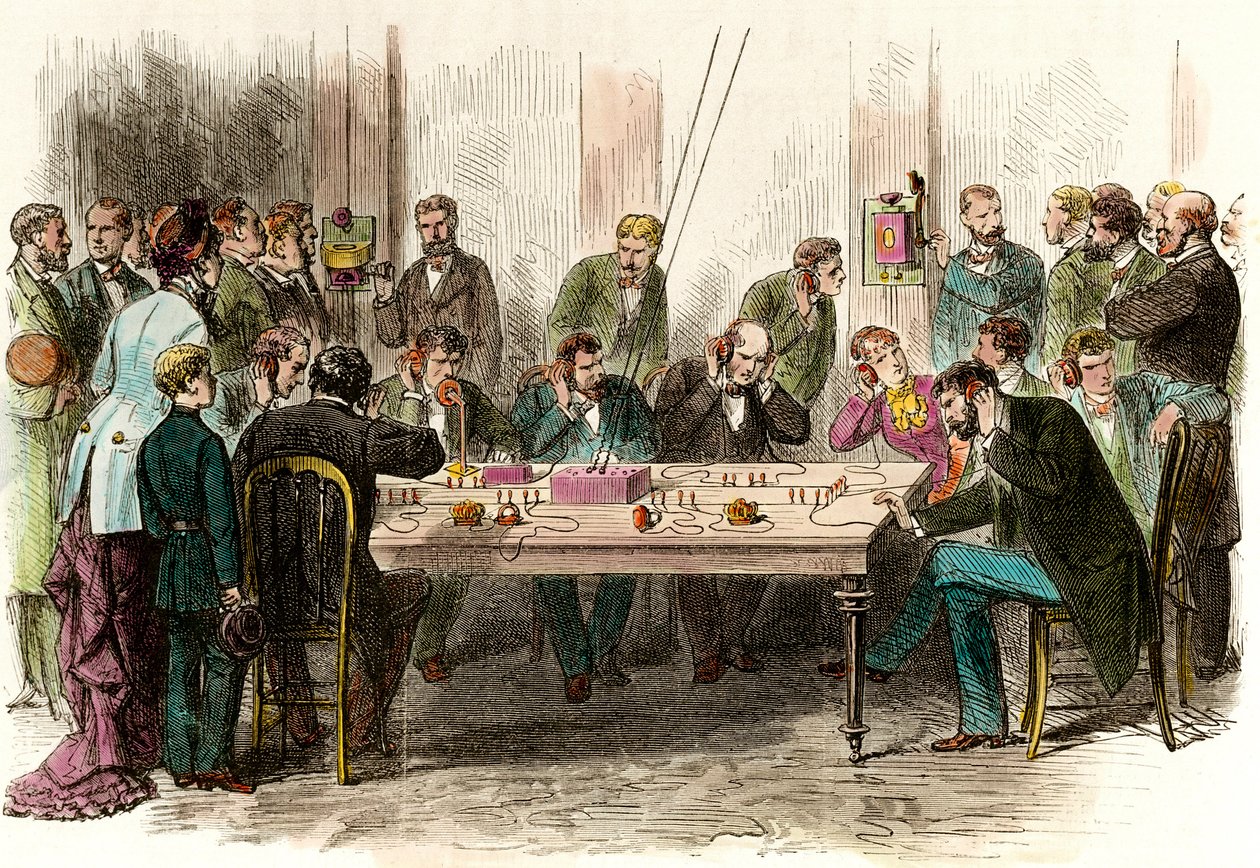 Doświadczenie telefoniczne w poczekalni stacji Saint Lazare (Saint-Lazare) w Paryżu w dniu 6.09.1879 r. Rycina XIX-wiecznej kolekcji prywatnej autorstwa Anonymous Anonymous