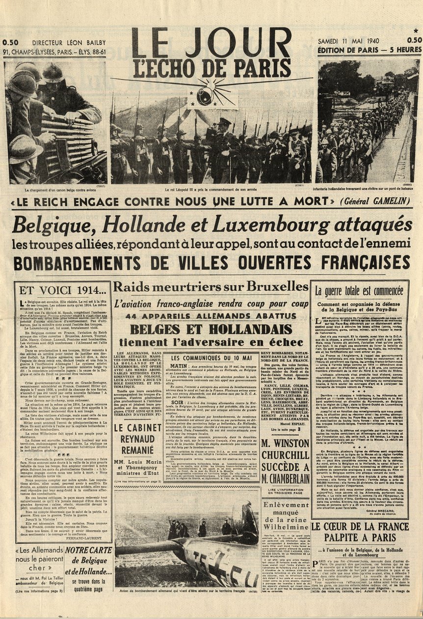 Bitwa o Belgię lub kampania belgijska - 18-dniowa kampania - niemiecka inwazja na Belgię w czasie II wojny światowej - Dziennik „” Le Jour. L