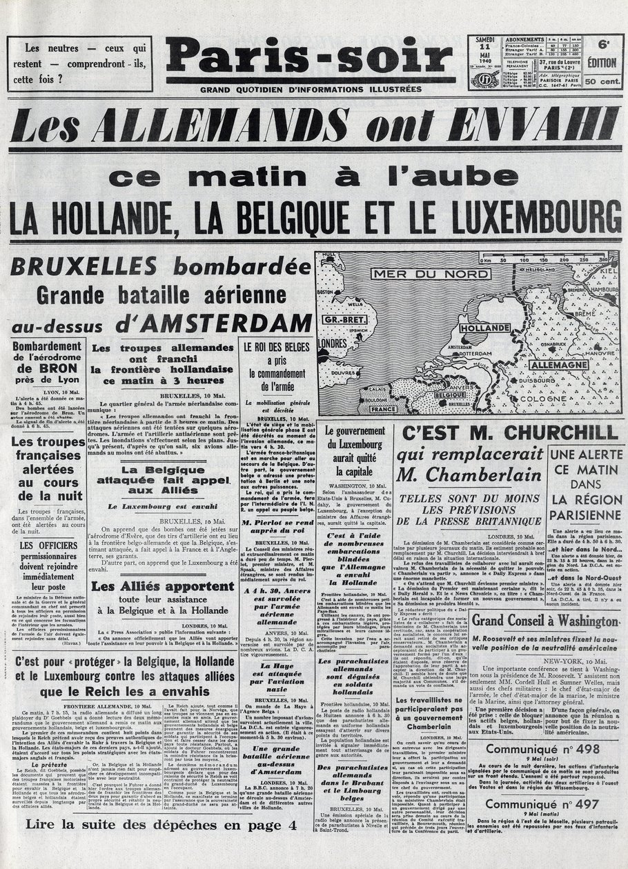 Bitwa o Belgię lub kampania belgijska - kampania 18-dniowa - inwazja wojsk niemieckich na Belgię w czasie II wojny światowej - PARIS EVIOR z 11.05.1940 - NIEMCY NAJEŻDŻAJĄ HOLANDIĘ - BELGIĘ I LUKSEMBURG - autorstwa Anonymous Anonymous