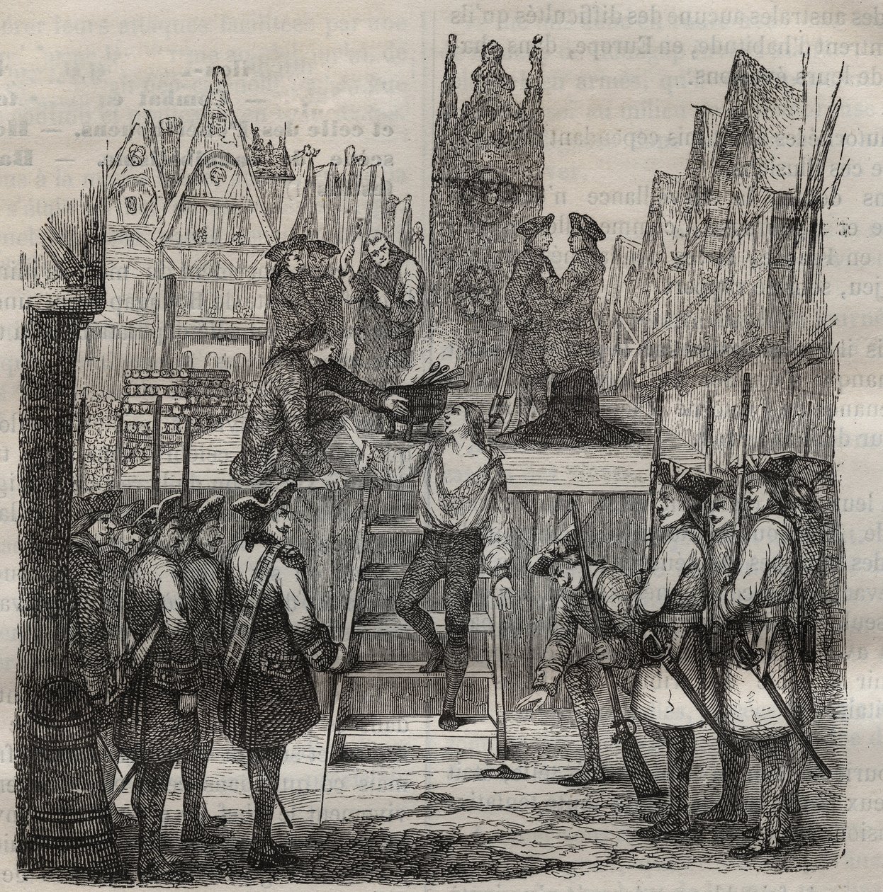 Kawaler Francois-Jean Lefebvre de La Barre (Francois Jean Lefebvre de LaBarre) wstępujący na szubienicę w 1766 r. Grawer w „Historii więzień od ich powstania do dnia dzisiejszego” (1877) autorstwa Pierre