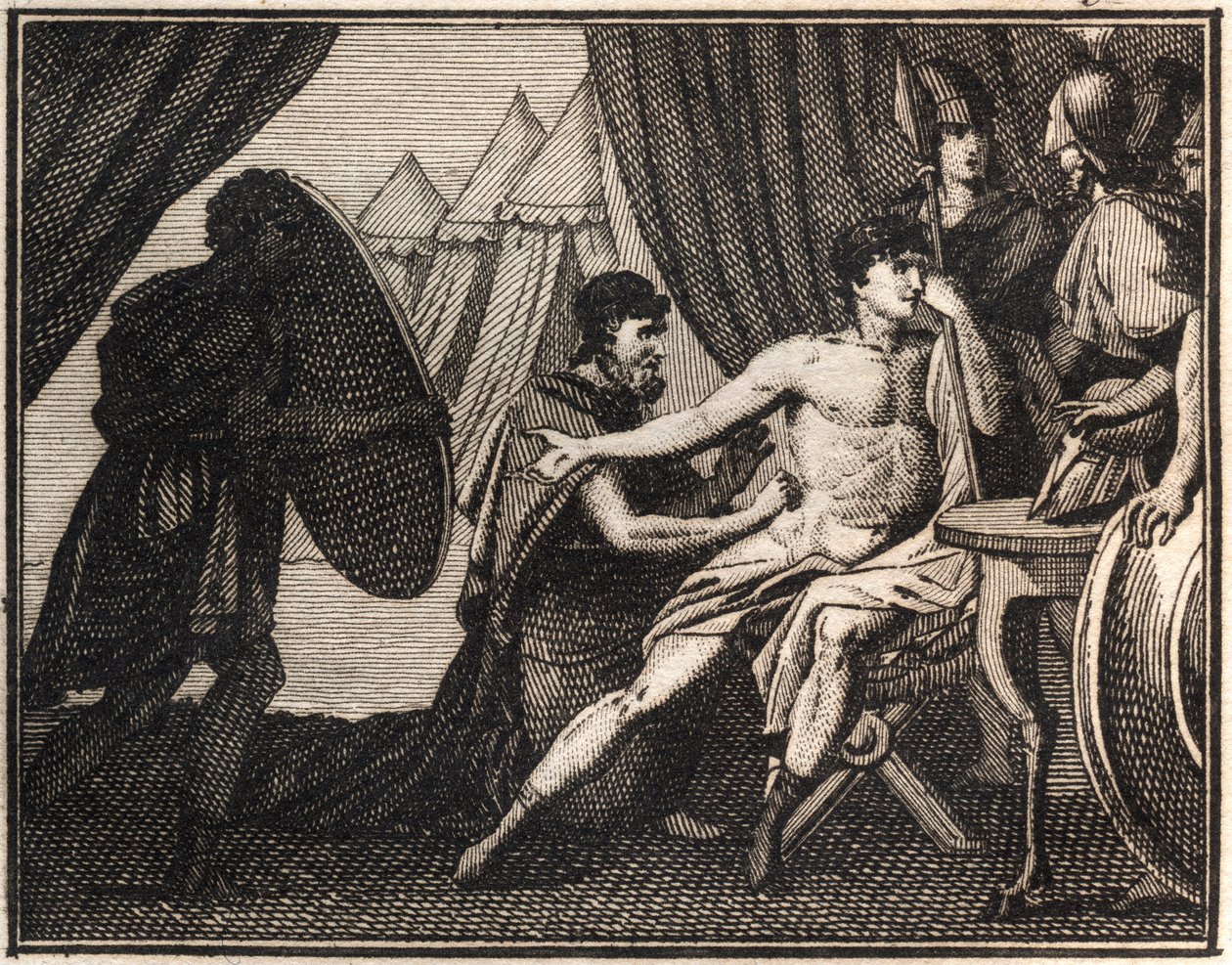 Śmierć Epaminondasa (po bitwie ze Spartanami pod Mantineia 362 pne). Rycina z „Roliska młodości czyli wybranych fragmentów starożytnych i rzymskich opowieści” 1816. Zbiory prywatne. autorstwa Anonymous Anonymous