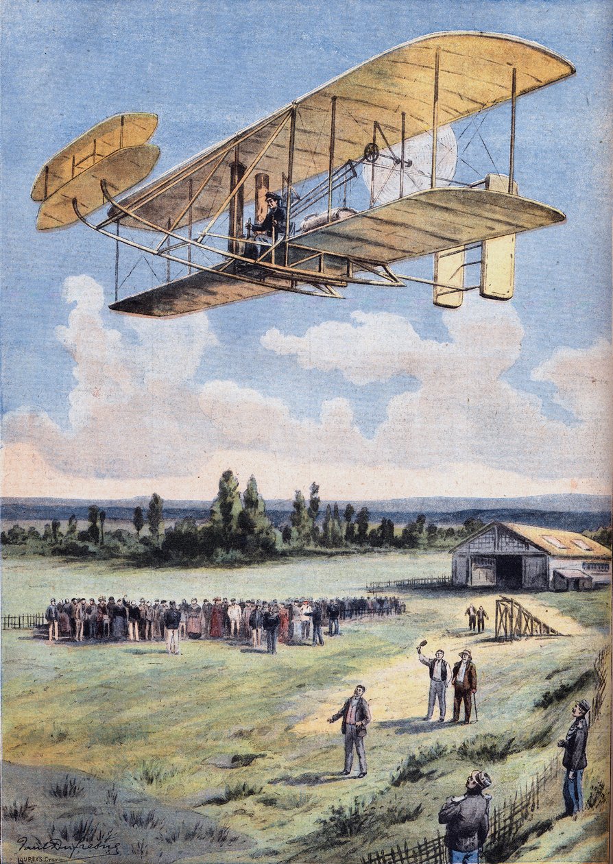 Latający ludzie: doświadczenia Wilbura Wrighta (1867-1912) nad torem wyścigowym Hunaudieres, w pobliżu miasta Le Mans. Grawer z gazety „Le Peute Parisien””, 30.08.1908. Prywatna kolekcja. autorstwa Anonymous Anonymous