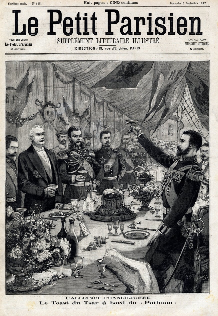 Sojusz francusko-rosyjski: toast cara Mikołaja II (1868-1918) na cześć prezydenta Francji Feliksa Faure (1841-1899) na pokładzie Pothau. W „Le Petit Parisien”” w dniu 5/09/1897. Prywatna kolekcja autorstwa Anonymous Anonymous
