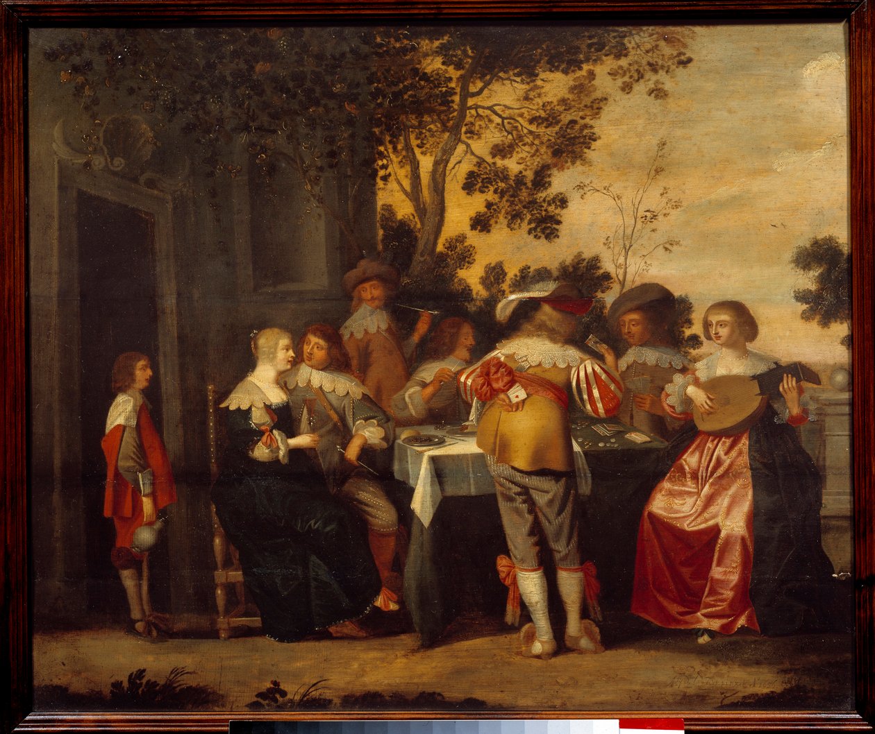 Gra karciana Gallant Scene z kilkoma graczami i muzykami. Anonimowe malowanie. XVII-wieczne Lille, Musee des Beaux Arts autorstwa Anonymous Anonymous